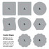 Eight coasters in various shapes, including square, rounded, and scalloped, all displayed in grey with red outline indicators.