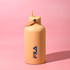 A drink bottle in a soft orange colour with a screw-top lid and a logo on the front.