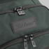 A green backpack featuring two zippered compartments and a branding logo on the front.