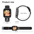 A square smart watch in black with a colourful digital display and adjustable strap. It includes a logo.