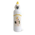A drink bottle in white featuring a cockatoo design and a yellow animal head lid, with a logo present.