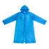A blue reusable PEVA raincoat with a hood and long sleeves, featuring a branded logo on the front.