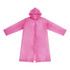 A pink reusable PEVA raincoat with a hood and buttons, designed for adults. It features a logo on the chest area.