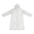 A transparent white raincoat featuring a hood and button closure, made from PEVA material. It has a logo.