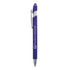 A purple metal pen with a silver clip and a branding logo on the barrel.