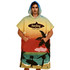 A colourful surf poncho with a hood, featuring a beach scene and palm trees, designed for comfort and style.