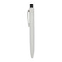 A white plastic pen with a black tip and a clip, featuring a branding logo.