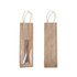 A jute wine carrier in beige with a clear window and white rope handles. Features a logo.