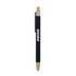 A black and bamboo click pen featuring a clip and branding.