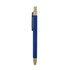 A blue pen with a bamboo tip and clip, featuring a sleek design and a silver accent. It has a logo on it.