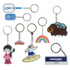 A variety of custom shape acrylic keyrings in vibrant colours, featuring unique designs and a logo on one.