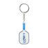 A custom-shaped acrylic keyring resembling a paddle, featuring blue and white colours, with a logo.