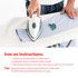 An iron is being used to apply a custom woven patch on light blue fabric. The patch features a logo.