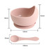 A pink silicone suction bowl with a curved design and a matching spoon, featuring dimensions indicated.