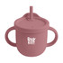 A drink bottle in a soft pink colour with a straw, two handles, and a logo on the front.
