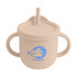 A drink bottle in a beige colour with a straw, featuring handles and a logo.
