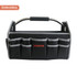 A black tool carrier bag with multiple pockets and a silver handle, featuring a logo on the front.