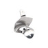 A drink bottle opener in shiny silver metal, featuring a wall mount design and two mounting holes.