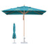 A wind-resistant square outdoor umbrella in teal with a wooden pole and metal base, featuring a logo.