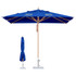 A blue outdoor umbrella with a wooden pole and a base, featuring a logo, alongside a folded version.