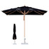 A black wind-resistant square outdoor umbrella with a wooden frame and a silver base, alongside a folded black umbrella.