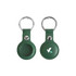 A green PU leather AirTag holder with a silver keyring and a logo on one side.