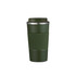 A travel mug in dark green with a textured grip and a metallic lid. Features a logo on the side.