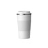 A stainless steel travel coffee mug in white with a textured silicone grip and a silver lid. Features a logo.