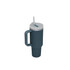 A drink bottle featuring a dark teal body, a grey lid, a straw, and a handle. It also has a logo.