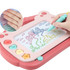 A pink and peach magnetic drawing board with a stand, featuring a screen for colourful drawings and a stylus.