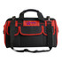A black and red tool bag with multiple pockets and a detachable shoulder strap, featuring a logo.