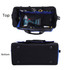 A black and blue tool bag featuring multiple compartments for tools and a sturdy base. Includes a logo.