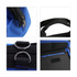 A blue tool bag featuring black zippers, handles, and interior pockets with metal rings. It has a logo displayed on the side.