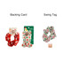 A set of three festive hair scrunchies in red and white with Christmas-themed patterns, displayed on a backing card.