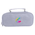 A grey pencil case with compartments and a handle, featuring a colourful logo on the front.