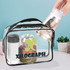 A clear toiletry bag with various cosmetic containers, including lotions and creams, on a blue background.