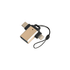 A gold USB 3.0 to USB C Lightning OTG adapter with a black tether. Compact and sleek design, suitable for technology use.
