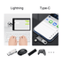 A USB 3.0 to USB C Lightning OTG adapter in silver, showcasing connections for various devices. Features a logo.