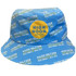 A blue sublimation printed bucket hat featuring a repeating pattern and a logo.