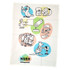 A white cotton tea towel featuring colourful cartoon illustrations and a logo at the bottom.