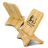 A bamboo wireless charging stand featuring a lion logo, showcasing a natural wood finish in light brown tones.