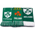 Three green custom knitted scarves featuring various designs, including shamrocks and the word "Ireland."