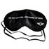 A black eye mask with a strap, featuring text and a logo on the front.