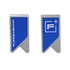A blue and silver custom metal clip featuring a logo and sleek design, suitable for office use.