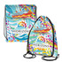 A drawstring bag featuring a colourful design with a ship and a logo. Predominantly blue and multi-coloured.