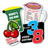 Custom-shaped fridge magnets in various colours, featuring a cherry, measuring jug, and business card designs, with logos.