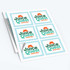 A sheet of paper stickers featuring a colourful design with a logo. The stickers are printed in multiple squares.