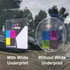 Two clear vinyl stickers displayed on a window, showcasing colour samples with and without a white underprint.