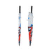 A full colour umbrella featuring a vibrant design in red, white, and blue, with a black handle and logo.