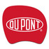 A red counter mat with an ergonomic shape featuring a logo in the centre. The mat has a glossy finish.